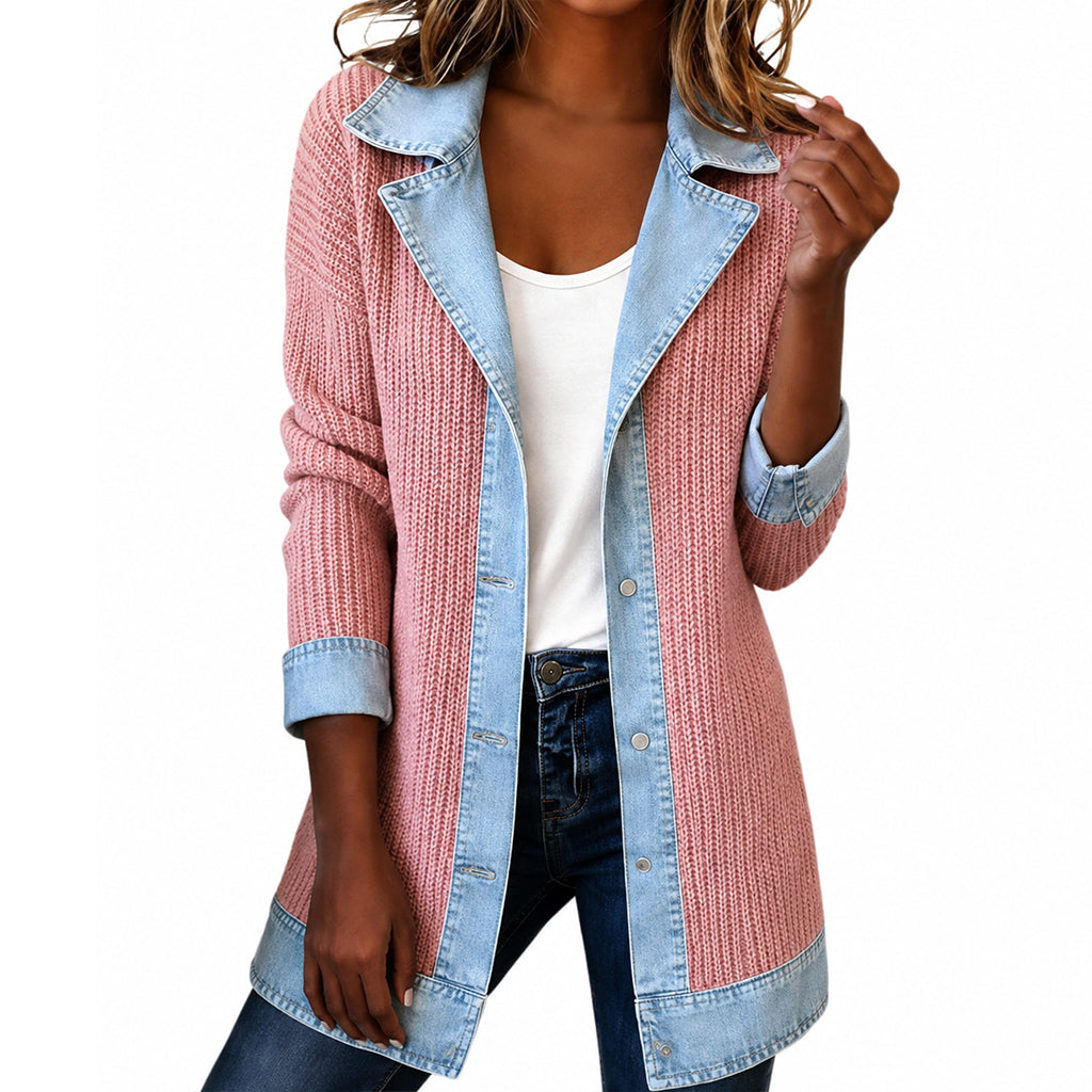 Seasonal Styleđď¸Womenâs Elegant Denim Spliced Ribbed Knit Coat