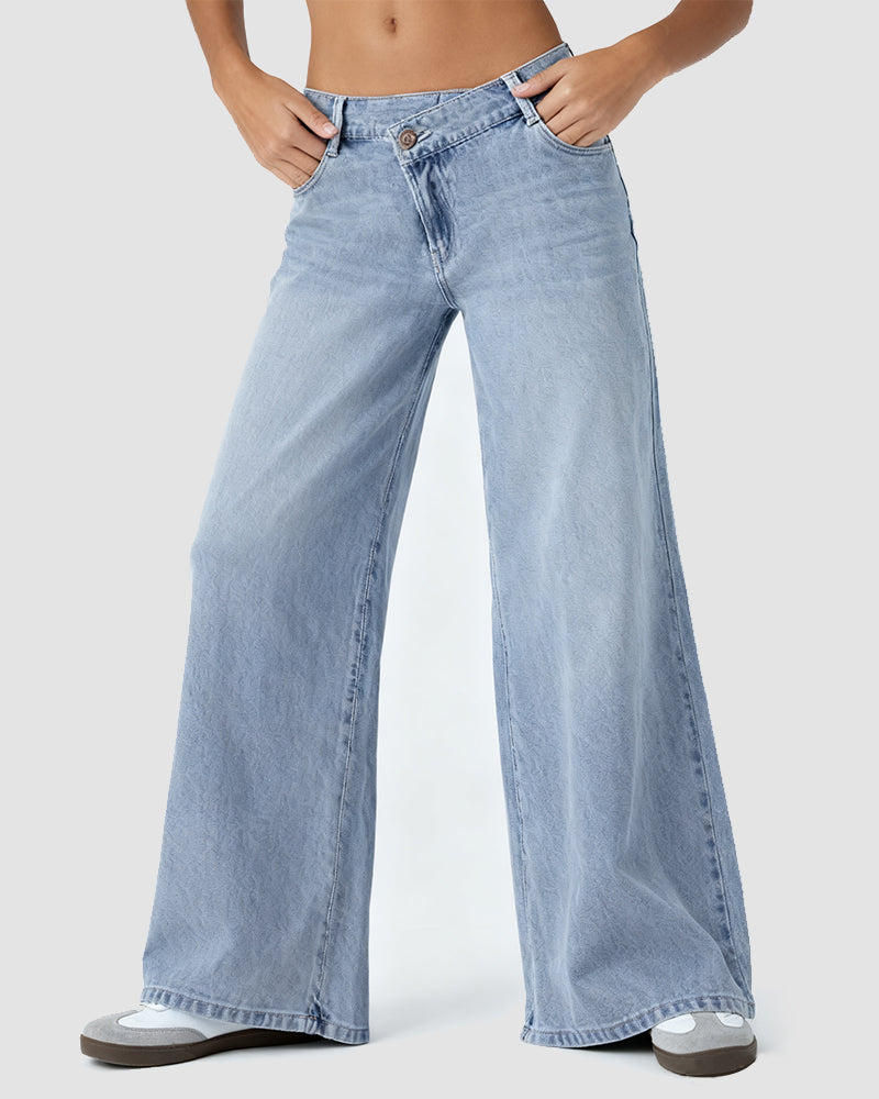 Asymmetric Low Rise Zipper Pockets Baggy Wide Leg Washed Casual Jeans